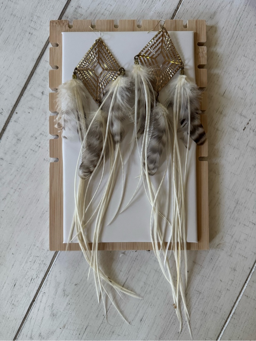 13” Boho Feather Drop Earrings in Cream and Brown